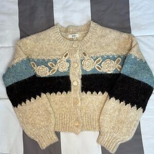 Anthropologie Mahila Cropped Chunky Cream/Blue Floral Beaded Sweater Size Small